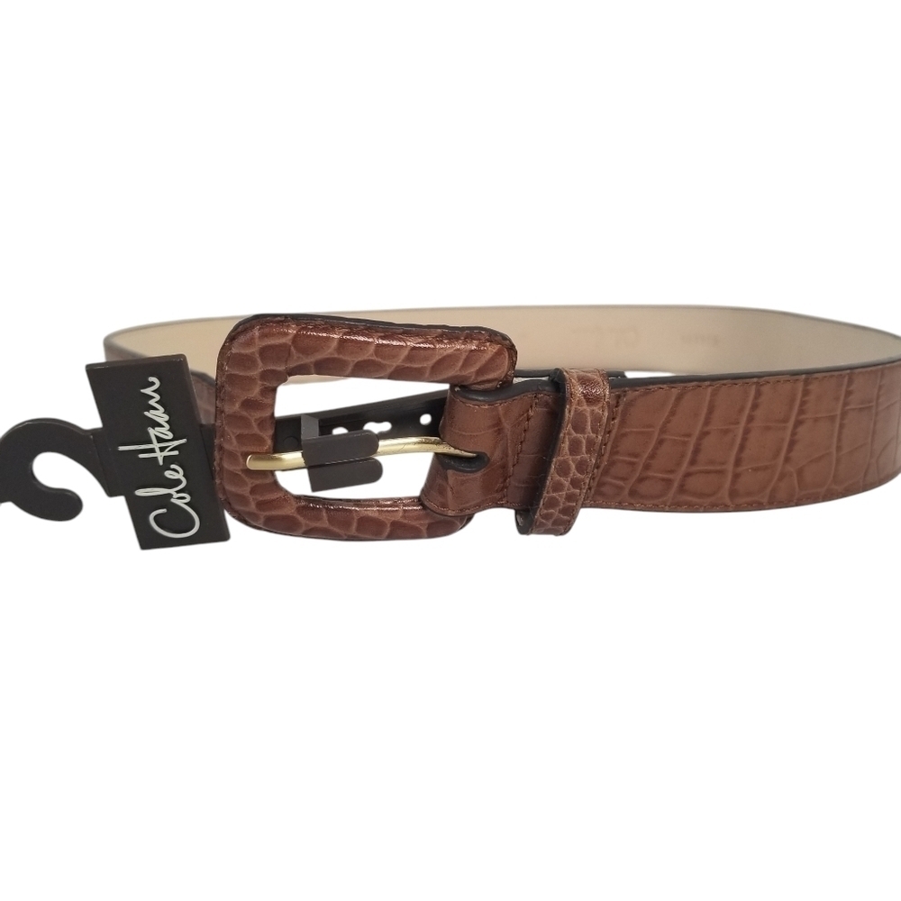 NWT Cole Haan Wide Croc Embossed Woodbury Brown Belt Size S